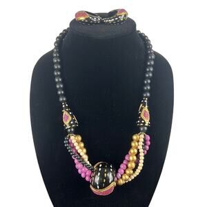 Handmade Wood Bead Necklace and matching Earrings West Africa Black & Pink